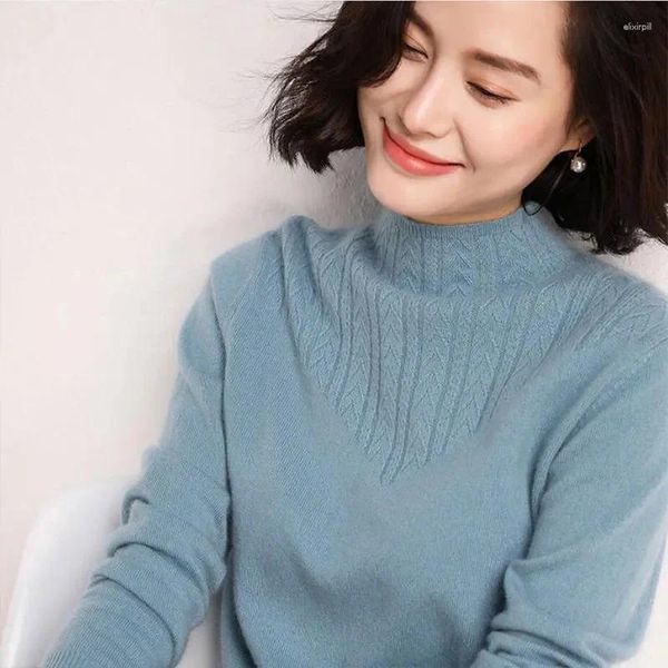 Suéter feminino gola alta manga comprida malha pulôver cor sólida estilo coreano outono inverno malha top de fundo