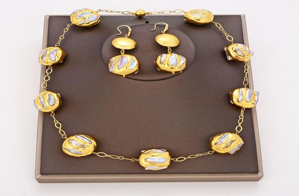 GuaiGuai Schmuck Natürliche Süßwasser Weiße Biwa Perle Münze 24 KT Vergoldet Halskette Ohrringe Sets Handgemacht Für Frauen Echt Jewlery7236383
