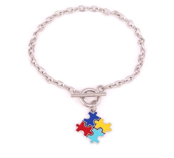 Aprivot Fu Catena a maglie di grano Speranza Multi smalto Consapevolezza dell'autismo Puzzle Jigsaw Piece Charm Bracciale con artiglio di aragosta2623878