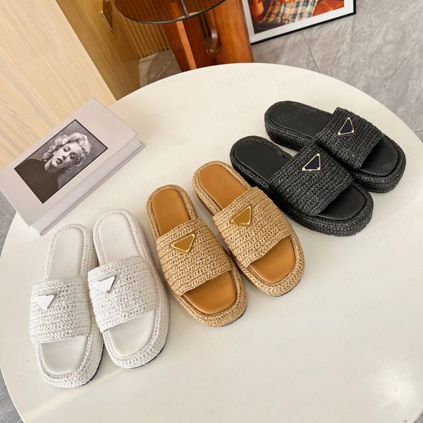 Novo Prad Triângulo Palha Weave Chinelo Sandália Plataforma Ráfias Chinelos Designer Mulheres Homens Verão Salto Plano Casual Flip Flops Piscina Ao Ar Livre Sliders Praia Sapato 35-42