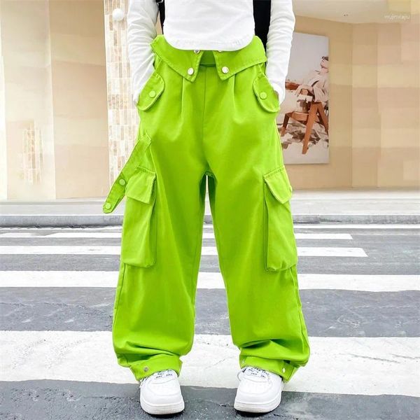 Calças de carga para meninas outono solto casual cintura elástica crianças adolescentes bolsos perna larga design streetwear crianças