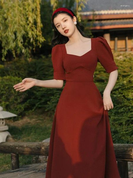 Partykleider Dame Romantische Sommerfrauen Französisch Chic Vintage Ausschnitt Bogen Elegantes Quadrathalskleid Sanfte Fee Weibliche Koreanische Vestidos