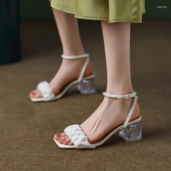 Sandalen Frauen Karree Leinen Perle Frau 2024 Sommer Lila Kristall Plattform frauen Dicken Boden Nicht Slip Strand Schuhe