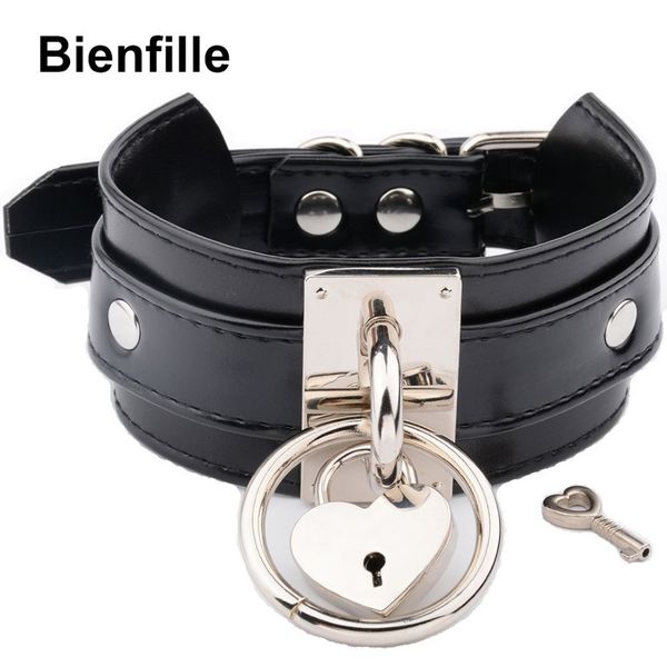 Punk Donna Uomo Girocollo oversize fatto a mano Banda larga Big O Rotondo Metallo Argento Lucchetto Chiave Cuore Collare Bondage Slave Goth Choker1848