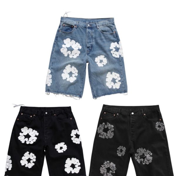 Denim jeans shorts homens designer mulheres curto jean para homens luxo alta qulity buracos retos apertado flor impressão shortpants magro hip hop rua calças pretas