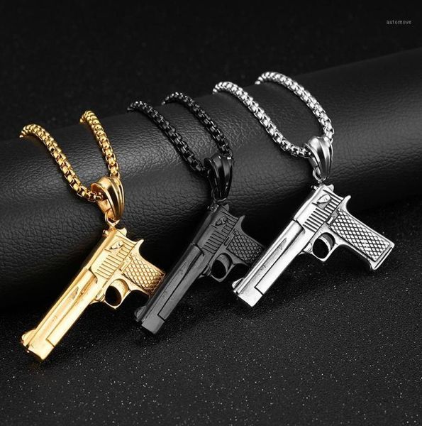 Hip hop rock desert eagle pistola automática homens pingentes colar 316l jóias de aço inoxidável com 60cm ouro chain12060366