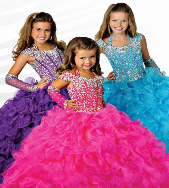 Ritzee Girls Beads Halter Girls Pageant Abiti Bambina Ball Gown Big Kids Figura intera Cap Sleeve Custom Made Flower Girl Dres7020581