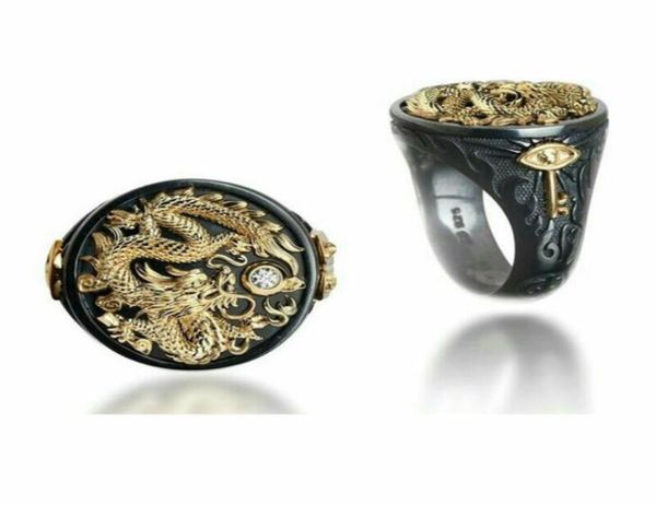 5 peças anéis de dois tons para homens, europa e os unidos, dominador, dragão chinês, preto brilhante, anéis de personalidade g608168879