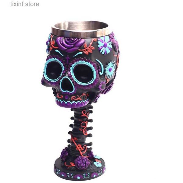 Tumblers 3D Crânio Cálice Copo Resina Aço Inoxidável Copo de Vinho Crepúsculo Flores Copos e Canecas Natal Halloween Presente de Aniversário Roxo Rosa T240218