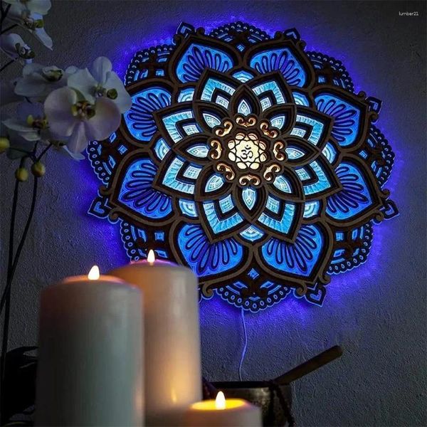 Lâmpada de parede mandala de madeira LED luz yoga sala noite multicamadas corte a laser esculpido elegante pendurado