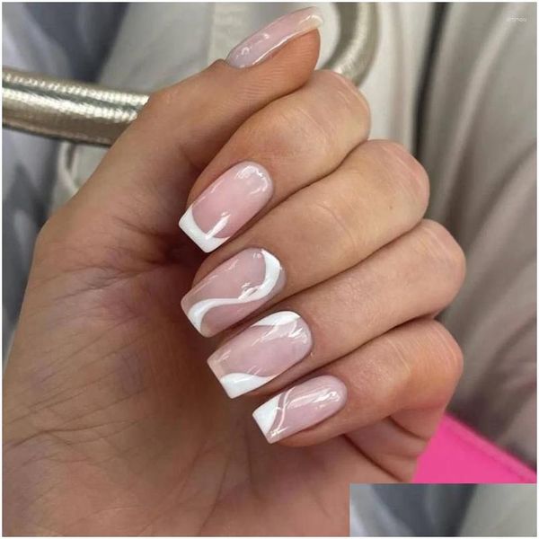 Falsas unhas 24 pcs falso longo quadrado francês ondulado cristal fl er imprensa em diy manicure dicas de unhas gota entrega saúde beleza arte salão otweo