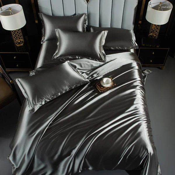 Set di biancheria da letto Set di lusso in seta con lenzuolo Copripiumino in raso di ghiaccio di fascia alta, morbido e liscio, in tinta unita, 3/4 pezzi