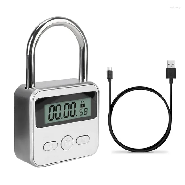 Smart Lock LCD-Display, elektronischer Timer-Schalter, wiederaufladbares USB-Vorhängeschloss, Reise-Timer, Silber