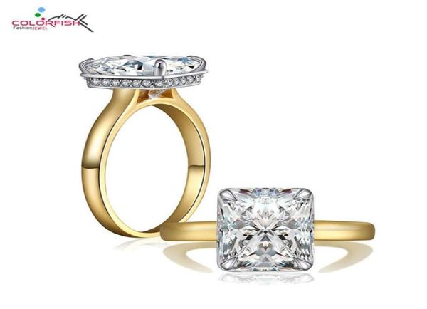 COLORFISH Luxo 4 quilates Princess Cut Sona Solitaire Anel de noivado cor dourada tom de reboque 925 anel de prata esterlina para mulheres C181224909726