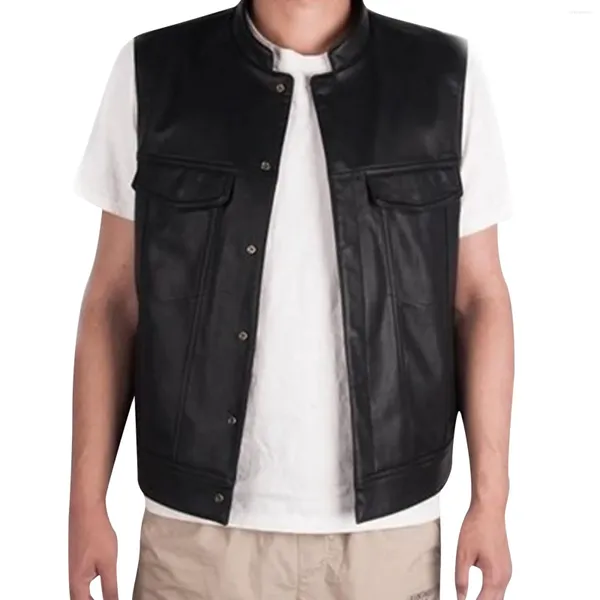 Gilet da uomo Gilet in pelle vintage Pu Uomo Tinta unita Colletto rialzato Gilet monopetto Gilet da lavoro allentato senza maniche Gilet retrò