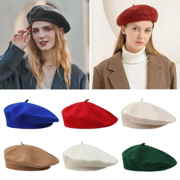 Berets 1 Pcs Inverno Mulheres Lã Estilo Artista Francês Chapéu Quente Retro Plain Beret Cor Sólida Elegante Senhora Todos Combinados Outono Caps