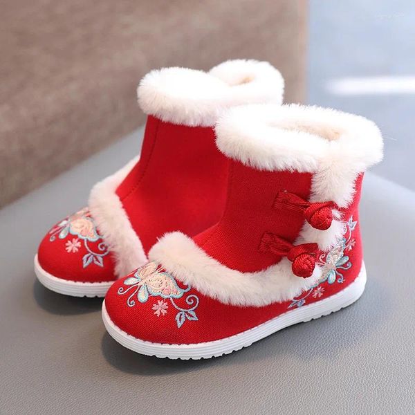 Botas inverno estilo chinês meninas bordado floral sapatos de algodão crianças quente pelúcia neve crianças traje desempenho sapato