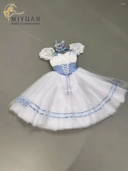 Stage Wear Giselle não pode manter o vestido longo de gaze da filha do agricultor sob medida para a competição de show azul e branco das crianças adultas