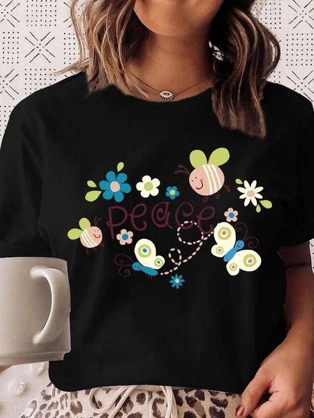 Mulheres camisetas Mulheres Camisa Dos Desenhos Animados Flor Paz Linda Tees Tops Senhoras Moda Verão Impressão Gráfico Feminino Camisetas Roupas T-shirt