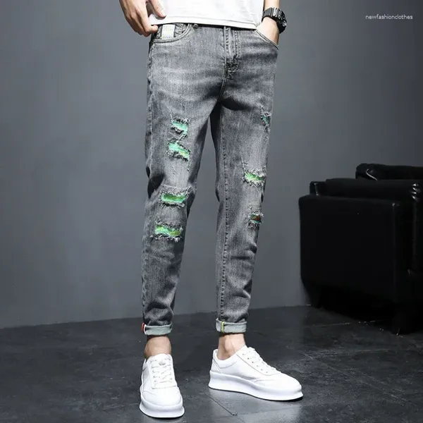 Erkek Kot Kırık Pantolon Kırpılmış Yırtık Adam Kovboy Pantolon Delikli Yırtılmış Düzenli Trend 2024 Bahar Sonbahar Kore Stil Xs