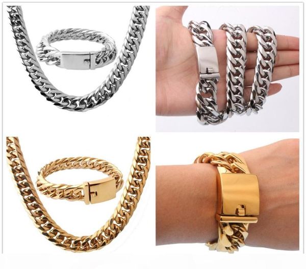 16mm Cool Enorme Acciaio Inossidabile 316L Argento Tono Oro Catena Curb Cubano Mens Ragazzi Collana 24quotBracciale Rigido 866quot Gioiello2622654