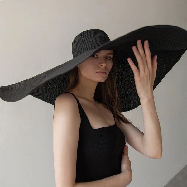 Chapéu de palha dobrável feminino oversized 70cm de diâmetro grande borda verão chapéus de sol panamá viagem praia atacado 240130