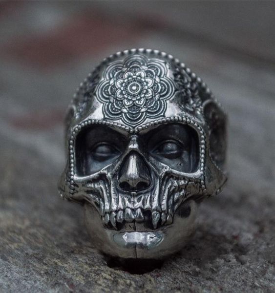 Einzigartiger silberfarbener 316L-Edelstahl-Ring mit schwerem Zuckerschädel für Herren, Mandala-Blume, Santa Muerte, Biker-Schmuck8022763