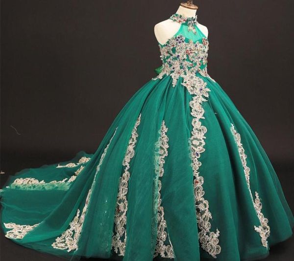 Incrível laço meninas pageant vestidos de alta pescoço fechadura volta espartilho princesa cristal frisado barato longo real po crianças formal baile dr2082936