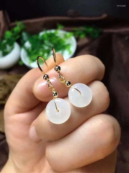 Brincos pendurados 12mm top natural hetian jade gota para mulheres senhora amor cristal contas redondas 14k joias com pedras preciosas douradas