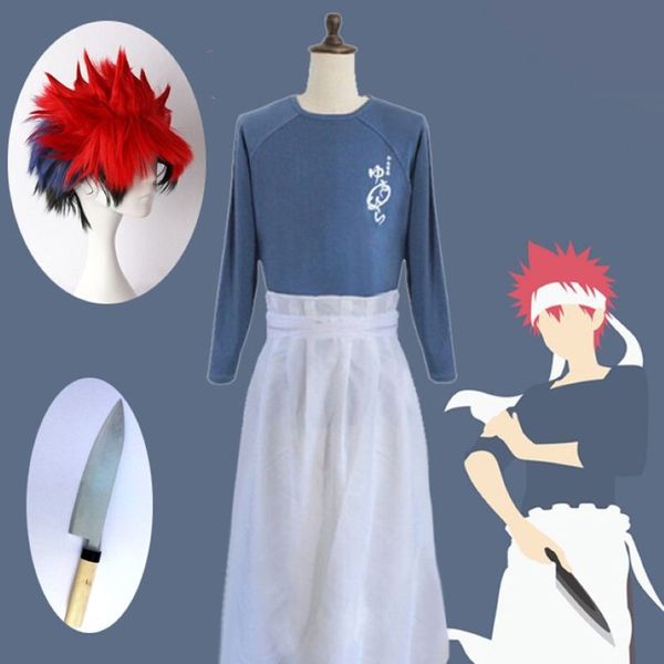Yemek Savaşları Shokugeki Hayır Soma Yukihira Souma Cosplay Kostüm Üniforma Gömlek Önlük Eşarp Seti Ayı Önlük Kırmızı WIG282A