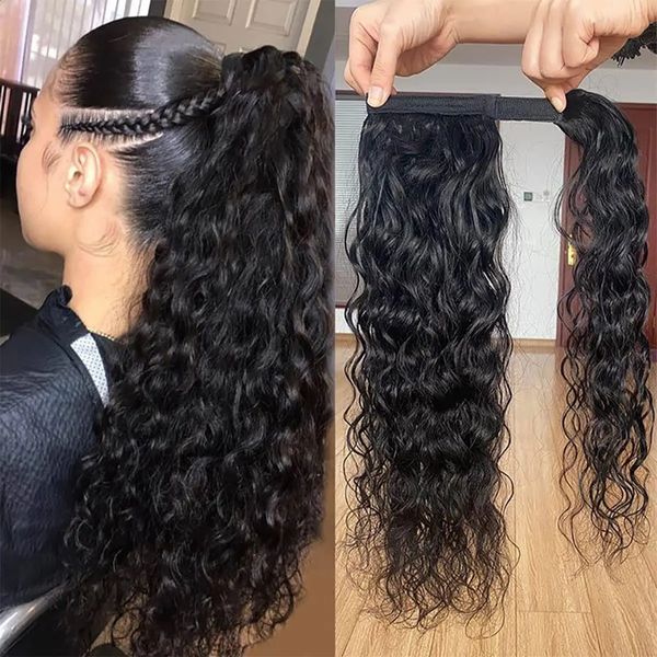 Clipe de cranberry em rabo de cavalo extensão de cabelo onda de água cabelo humano envoltório em torno de 100g cauda pedaço de cabelo bodystraightdeep onda 240122