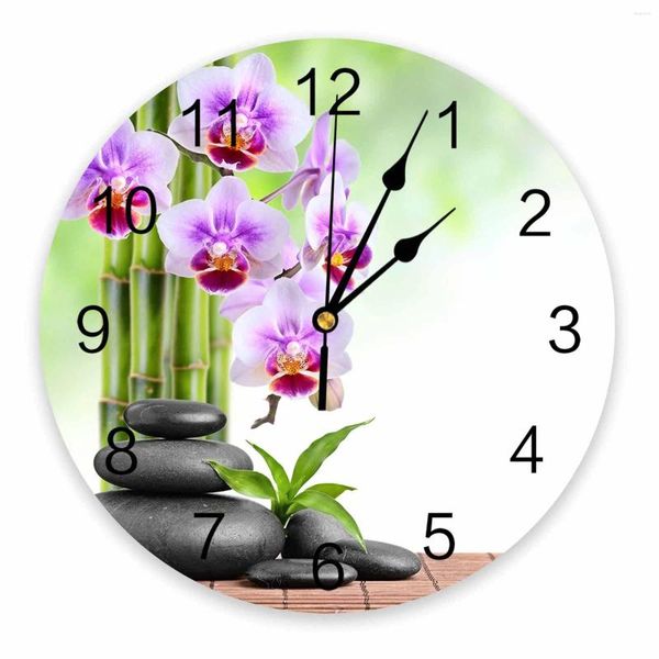 Orologi da parete Bamboo Orchid Zen Stone Floro decorativo Orologio rotondo Numeri arabi Design camere da letto non ticchetta