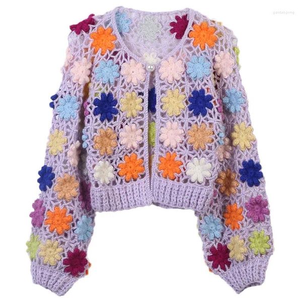 Damen Strick handgemachte Haken Blume ausgehöhlt Kontrastfarbe lose gestrickte Strickjacken Jacke Frauen Retro Pullover Herbst Winter 2024