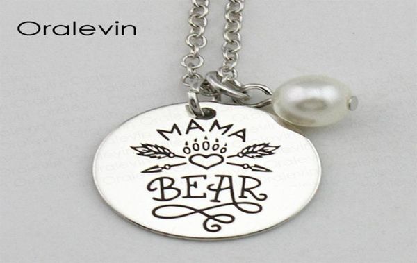 Fai da te MAMA BEAR Inspirational Mano timbrata con incisione con pendente con ciondolo Collana in metallo color argento Gioielli 18 pollici 22 mm 10 pezzi / lotto 1548500