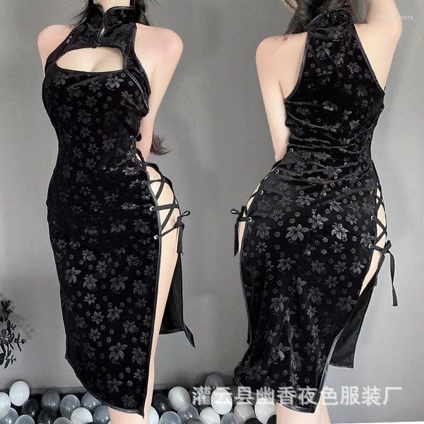 Bras setleri lin lin linding seksi iç çamaşırı retro kadife ince fit gece kanatlı yan kayış baştan çıkarıcı cheongsam üniforma takım elbise