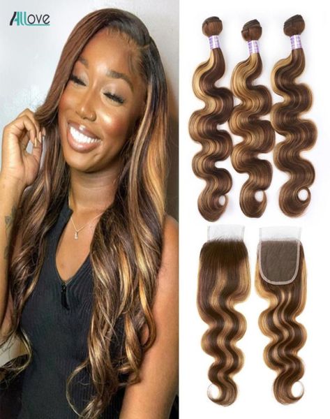 Allove destaque 427 onda do corpo em linha reta cabelo brasileiro tecer tramas solto profundo encaracolado feixes de cabelo humano cor marrom 350 virgem ext6737818