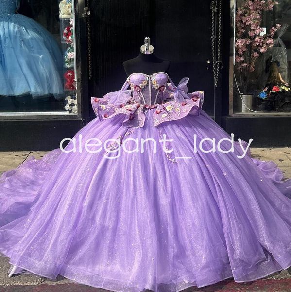 Lavanda roxo princesa quinceanera vestidos gillter sparkly 3d floral desossa puplum vestidos de 15 anos baile doce 16 vestido