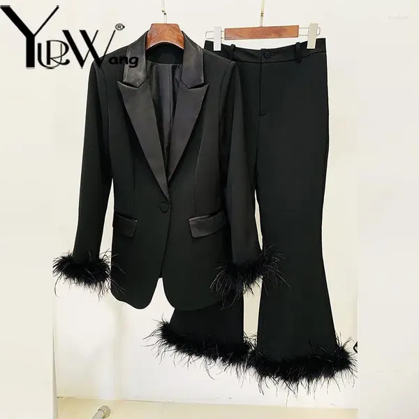 Женские брюки из двух предметов Yuerwang, женские брючные костюмы, осень 2024, модный костюм из настоящего страусиного пера, пиджак до щиколотки на одной пуговице
