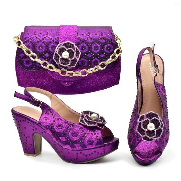 Sapatos de vestido Doershow Italiano Roxo e Conjuntos de Sacos para Festa de Noite com Pedras Bolsas de Couro Combinam Sacos!HGW1-4