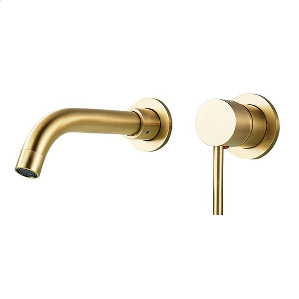 Современный матовый золотой латунный смеситель для ванной комнаты, однорычажный настенный излив, встроенный смеситель для раковины с холодной водой 240127