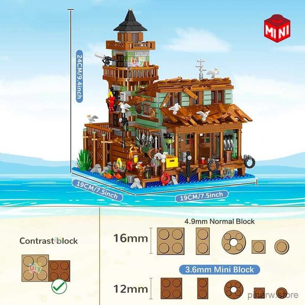 Bloklar Yaratıcı Balıkçılık Evi Village Store Street View Set Ahşap Deniz Kabin Dairesi Mini Yapı Blokları Figürler Çocuk Hediyesi için Oyuncak