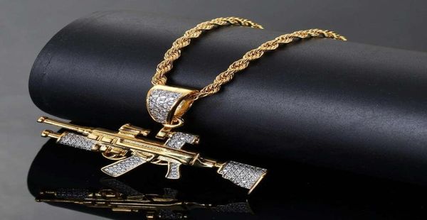 Hip Hop Scharfschützengewehr Diamanten Anhänger Halsketten für Männer echt vergoldetes Kupfer Zirkone AK47 Pistole Luxus Halskette Kubanische Kette Jewel9016309