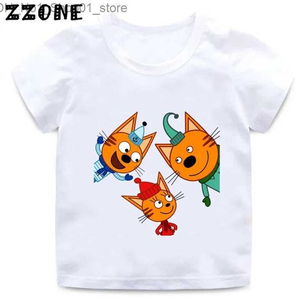 Camisetas Kid-e-cats Três Gatinho Russo Dos Desenhos Animados Crianças Camisetas Meninas Engraçadas Roupas Bebê Meninos Camiseta Nova Verão Crianças Topsooo5411 Q240218