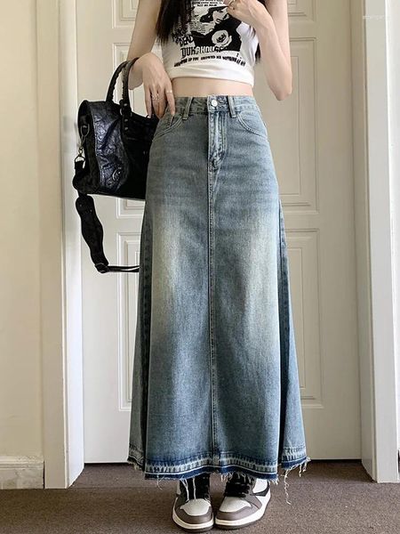 Röcke 2024 Sommer Blau Hohe Taille Langer Rock Koreanische Stil Plain Denim Weibliche Maxi Jean Acubi Mode Frauen Y2K Streetwear