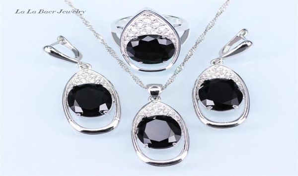 Trendy Big Black Stone White Rhinestone Huge Round Silver 925 Jewelry Sets For Women Drop Ohrringe Pendant Necklace Ring207E2389286