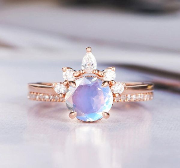 Moonstone nişan yüzüğü gül altın 925 gümüş ebedi gelin seti antika kavisli yarım halo cz taş band düğün mücevher6992691