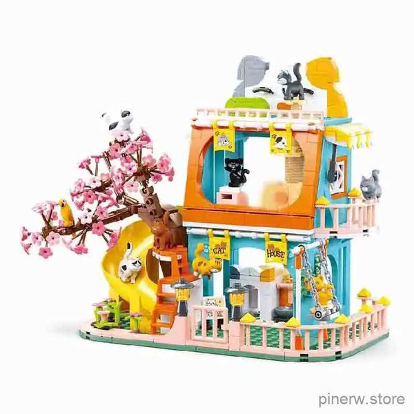 Blöcke Stadt Katze Hotel Sets Mädchen A-Rahmen Haustier Haus Wohnung Garten Villa Sakura Baum Bausteine Freunde Tier spielzeug Kind Geschenke