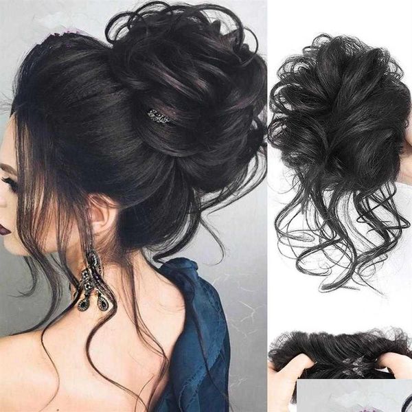 Perucas sintéticas Chignon sintético bagunçado Scrunchies Elástico Cabelo Bun Curly Updo Hairpiece Fibra de alta temperatura Natural Falso Cabelo Dhi5C