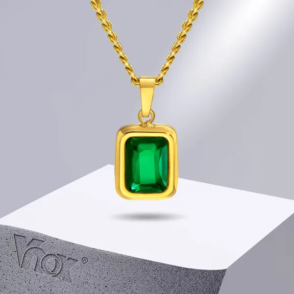 Collane con ciondolo Vnox Delicato quadrato geometrico per donna Acciaio inossidabile color oro con colletto in pietra verde CZ bianco verde brillante regalo