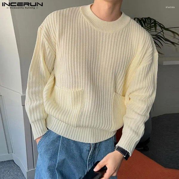 Erkek Sweaters Düz Renk O yakalı uzun kollu sokak kıyafeti Koreli Sıradan Erkekler Giyim Örme 2024 Moda Tulluları S-5XL Incerun